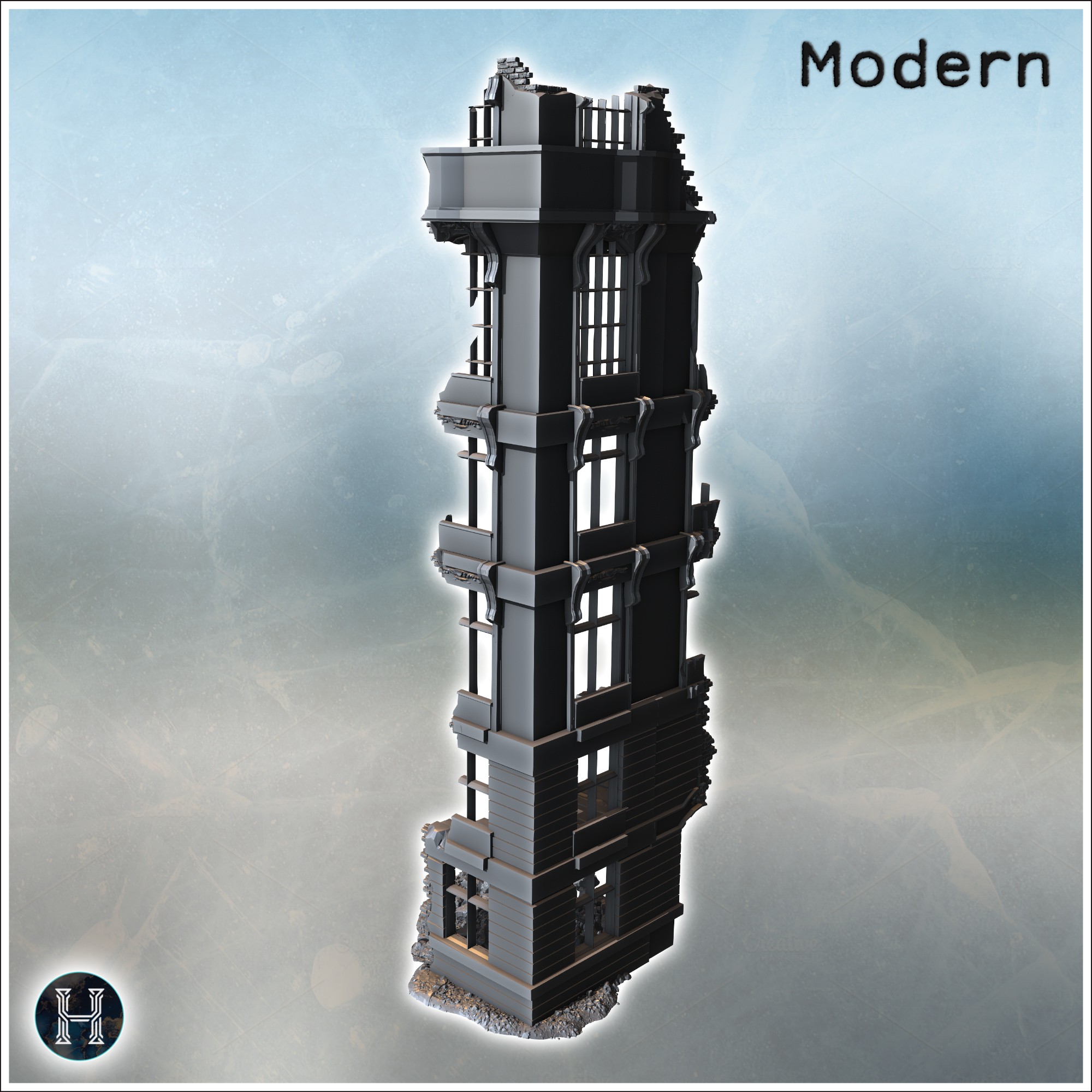 Narrow ruined structure with detailed windows, exposed brickwork, and rubble at the base (10) - Modern WW2 WW1 World War Diaroma Wargaming RPG Mini Hobby